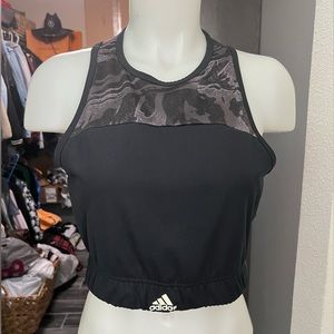 Adidas Black and Gray High Neck Patterned Sports Bra